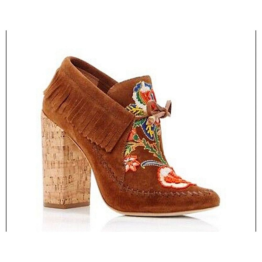 Tory Burch Huntington Fringe Embroidered Brown Suede Women's Shoes Booties